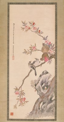 图片[1]-Jin Jingfen Colorful Embroidery Pomegranate Flower with White Head Axis-China Archive